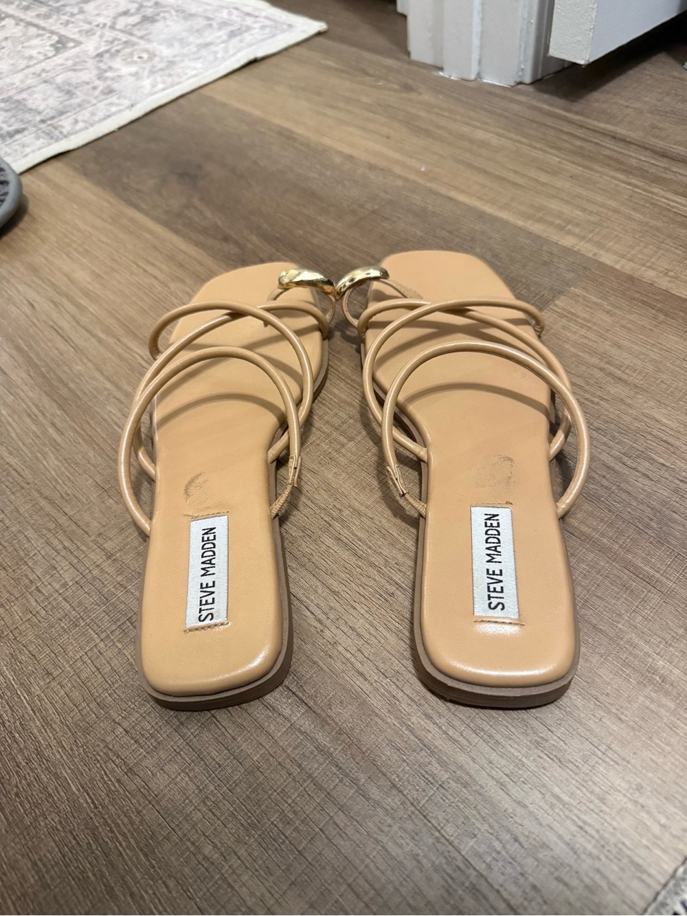Steve Madden Beige Multi-Strap Flat Sandals with Gold Accent